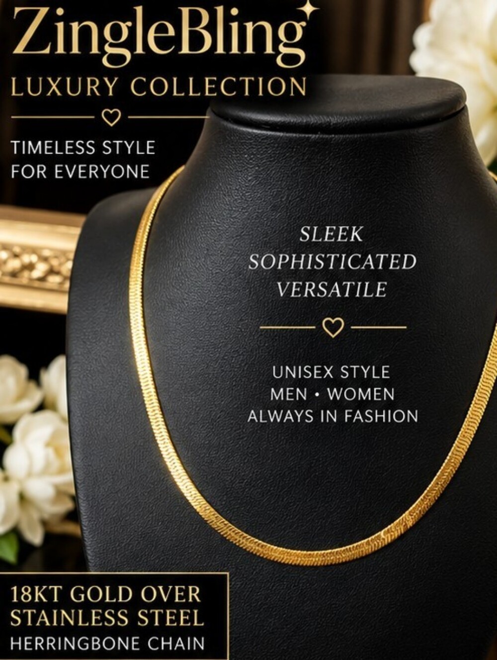 18KT Gold Over Stainless Steel Herringbone Chain Necklace Unisex 18 Inch